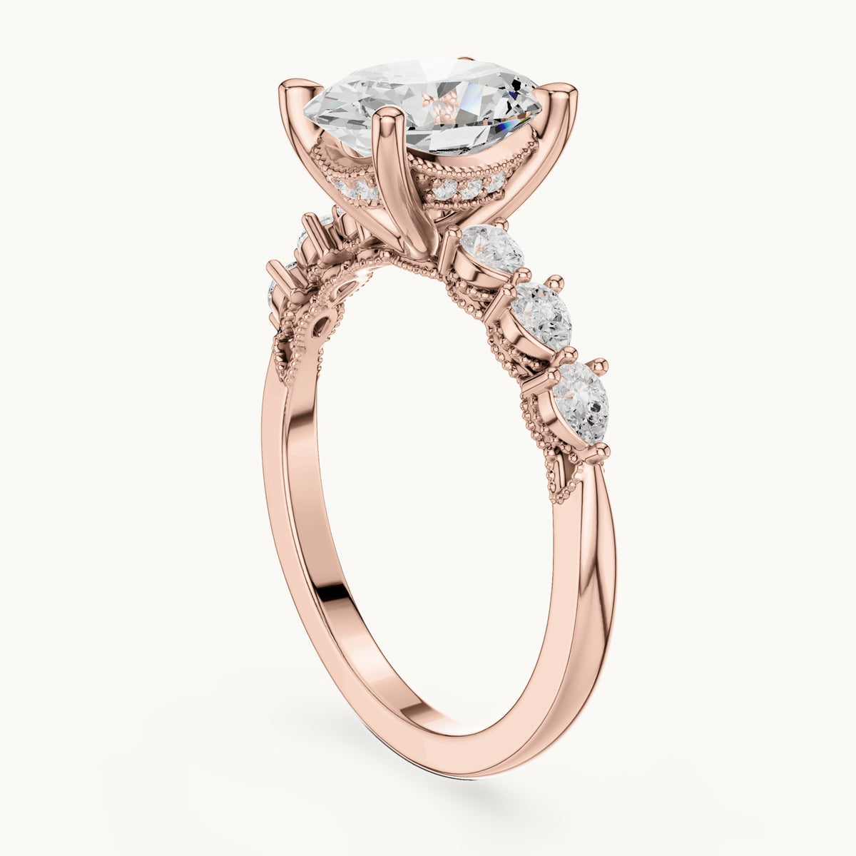 Oval, pear and round lab-grown diamond engagement ring with pear side stones in rose gold, 1.988 CT TW, view 1