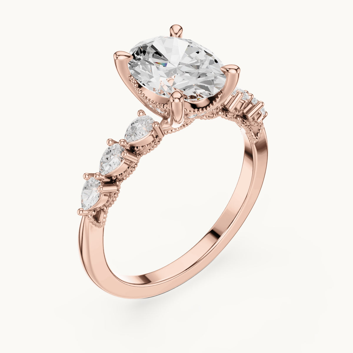 Oval, pear and round lab-grown diamond engagement ring with pear side stones in rose gold, 1.988 CT TW, view 2