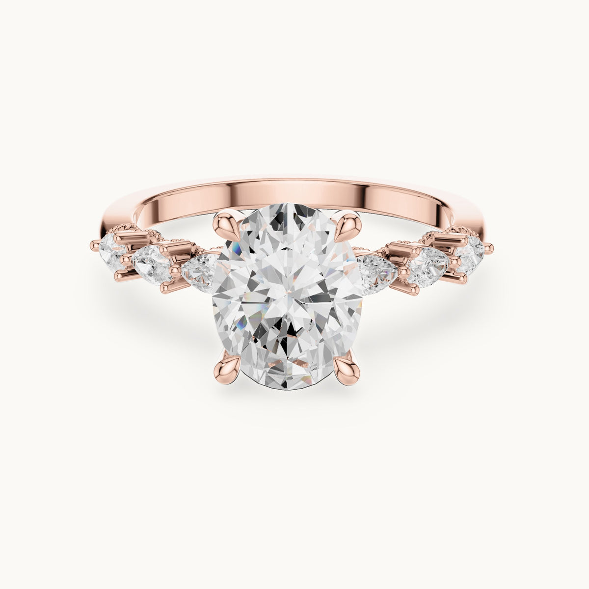 Oval, pear and round lab-grown diamond engagement ring with pear side stones in rose gold, 1.988 CT TW, view 4