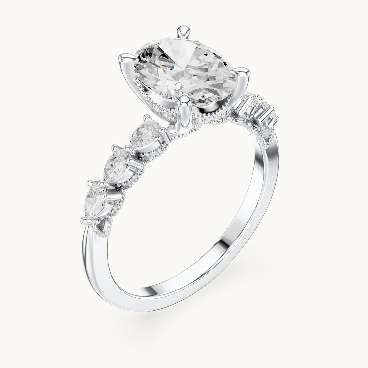 Oval, pear and round lab-grown diamond engagement ring with pear side stones in white gold, 1.988 CT TW, view 2