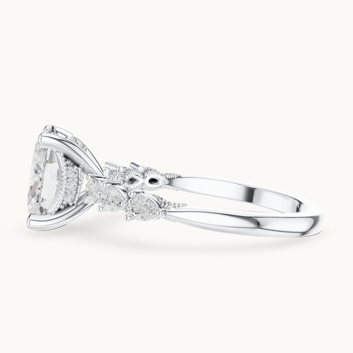 Oval, pear and round lab-grown diamond engagement ring with pear side stones in white gold, 1.988 CT TW, view 3