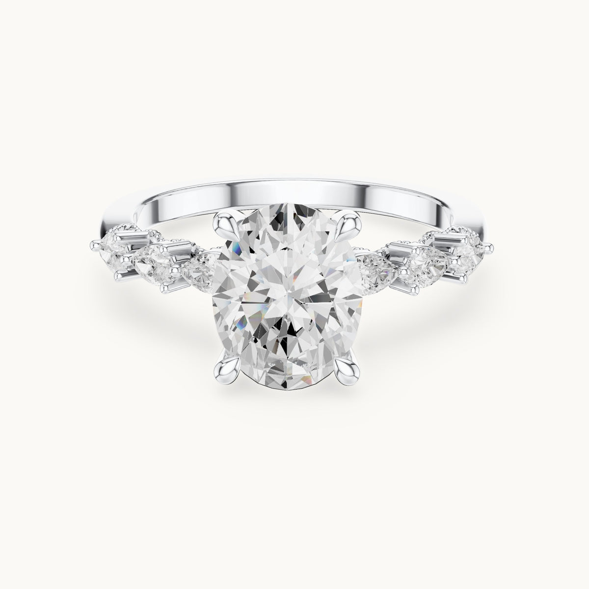 Oval, pear and round lab-grown diamond engagement ring with pear side stones in white gold, 1.988 CT TW, view 4