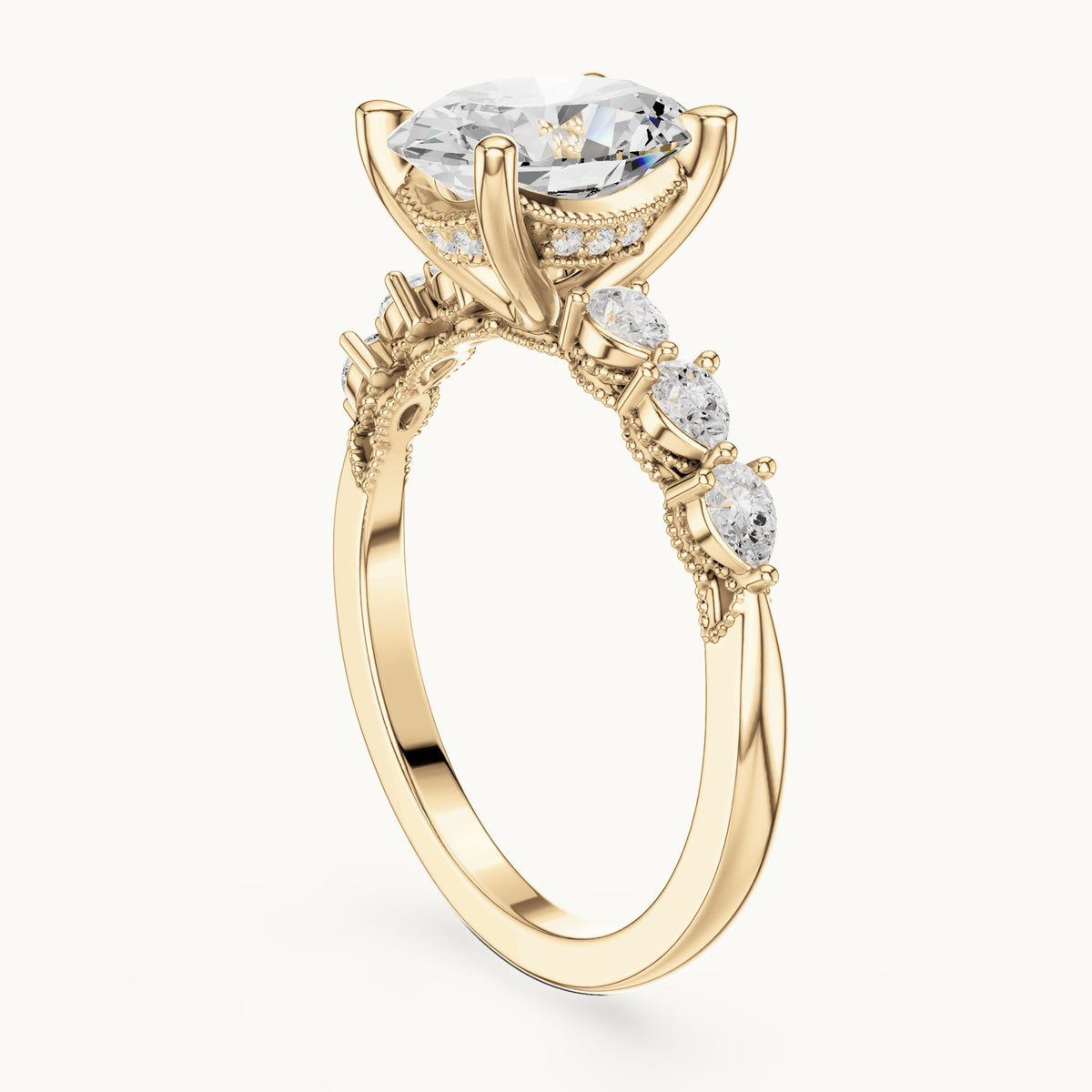 Oval, pear and round lab-grown diamond engagement ring with pear side stones in yellow gold, 1.988 CT TW, view 1