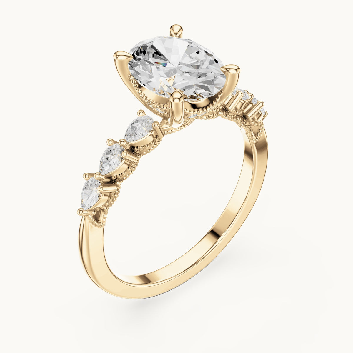 Oval, pear and round lab-grown diamond engagement ring with pear side stones in yellow gold, 1.988 CT TW, view 2
