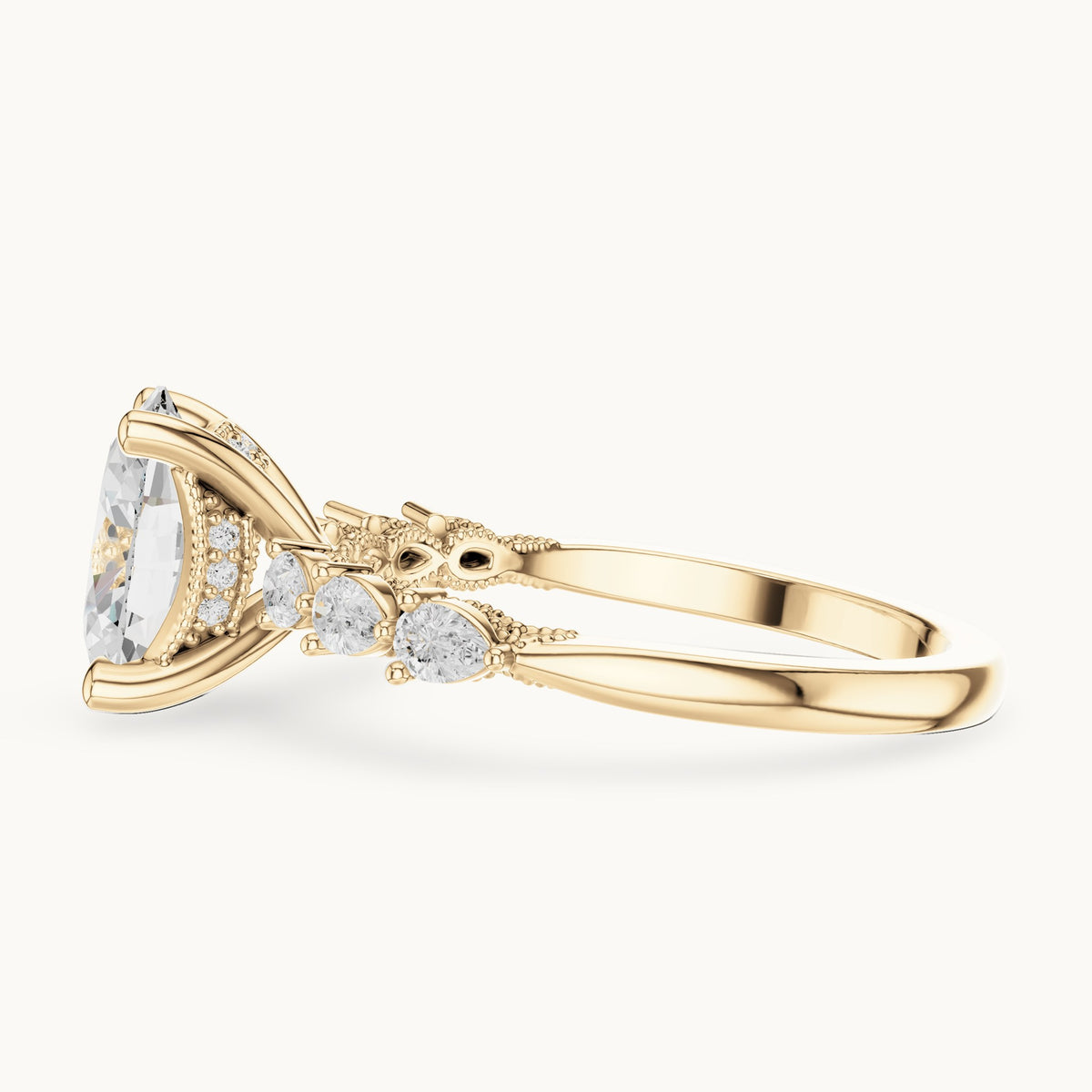 Oval, pear and round lab-grown diamond engagement ring with pear side stones in yellow gold, 1.988 CT TW, view 3