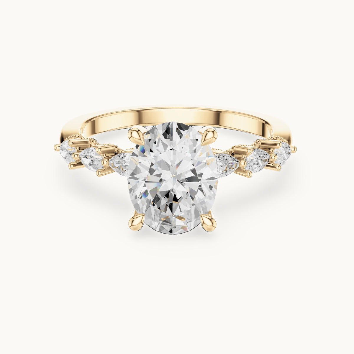 Oval, pear and round lab-grown diamond engagement ring with pear side stones in yellow gold, 1.988 CT TW, view 4