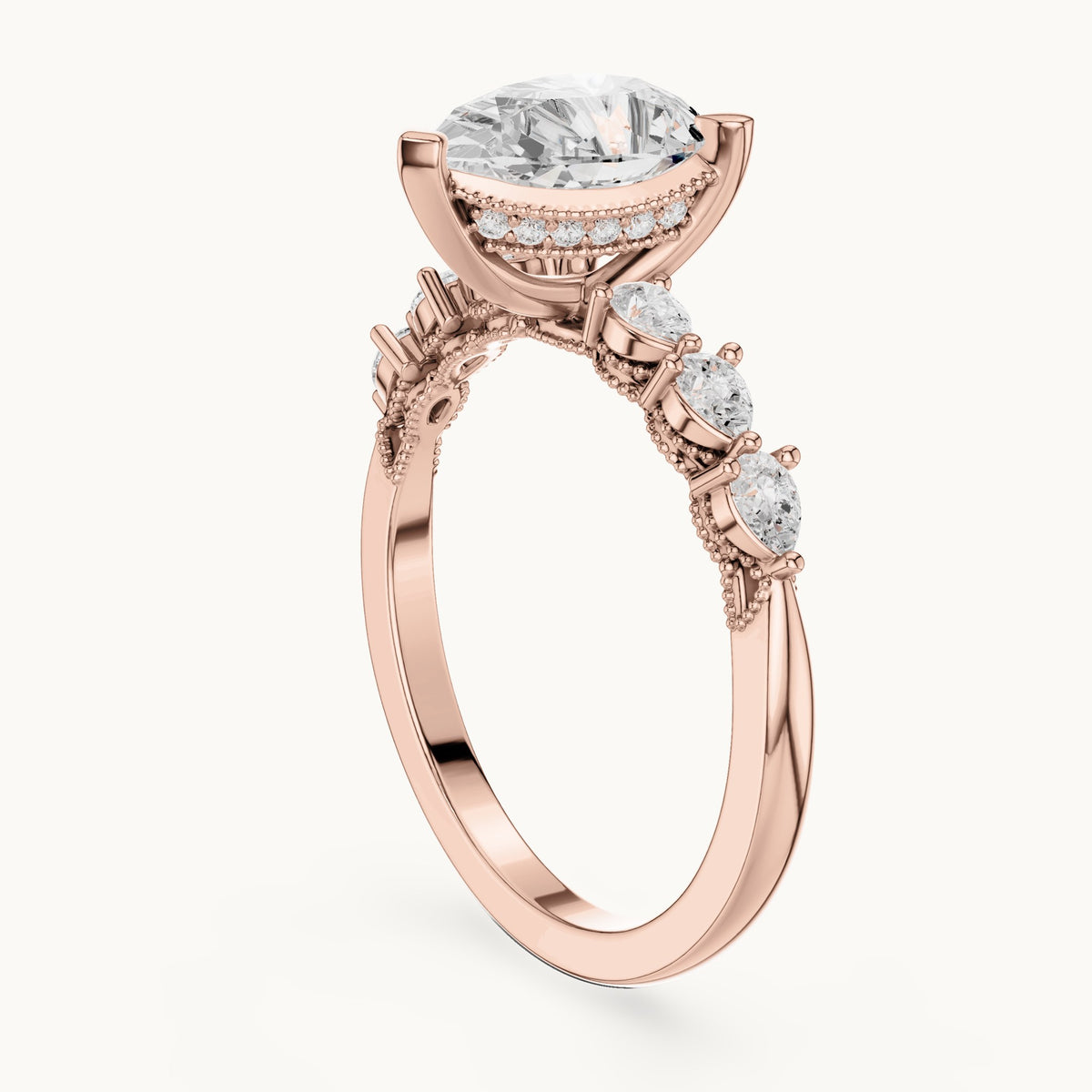 Pear and round lab-grown diamond engagement ring with side stones in rose gold, 1.93 CT TW, view 1