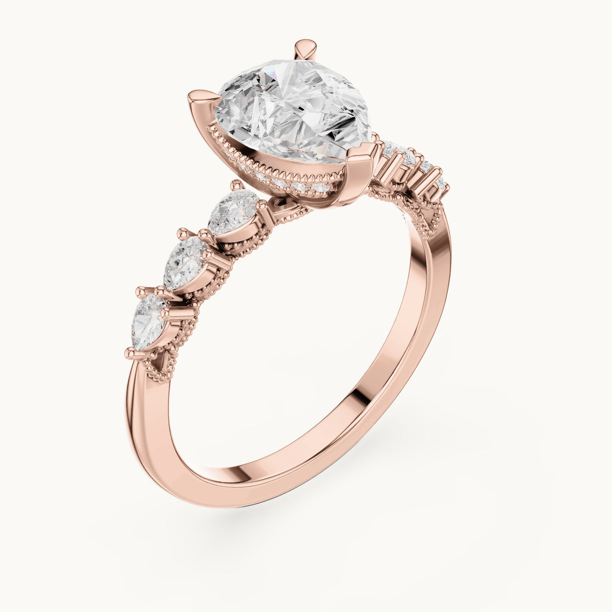 Pear and round lab-grown diamond engagement ring with side stones in rose gold, 1.93 CT TW, view 2