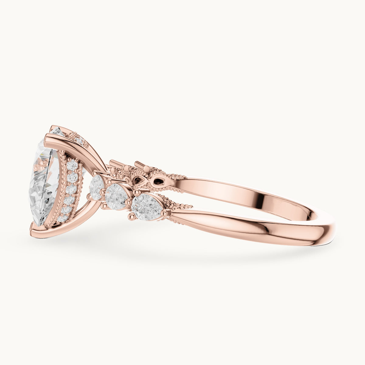 Pear and round lab-grown diamond engagement ring with side stones in rose gold, 1.93 CT TW, view 3