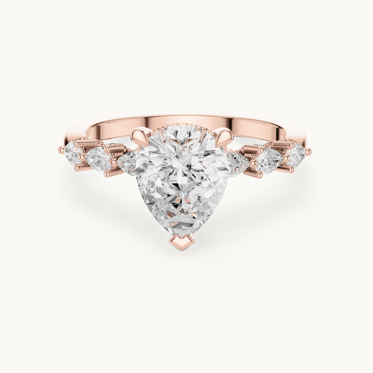 Pear and round lab-grown diamond engagement ring with side stones in rose gold, 1.93 CT TW, view 4
