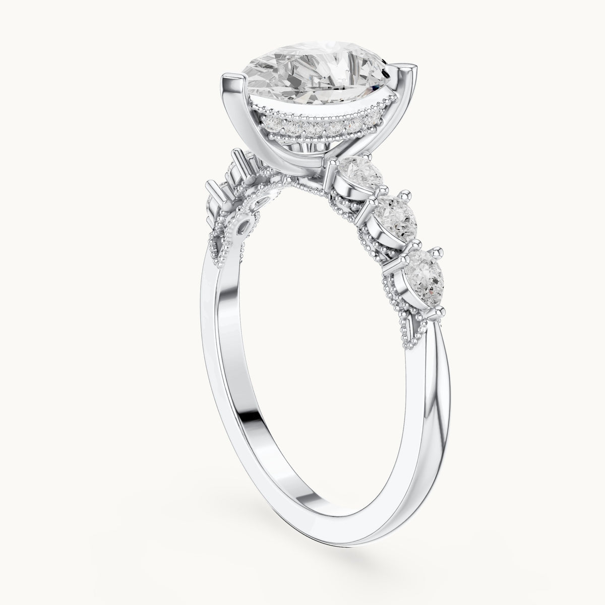 Pear and round lab-grown diamond engagement ring with side stones in white gold, 1.93 CT TW, view 1