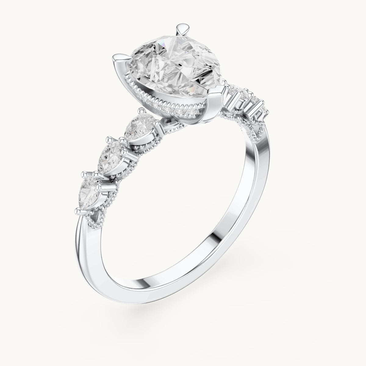 Pear and round lab-grown diamond engagement ring with side stones in white gold, 1.93 CT TW, view 2