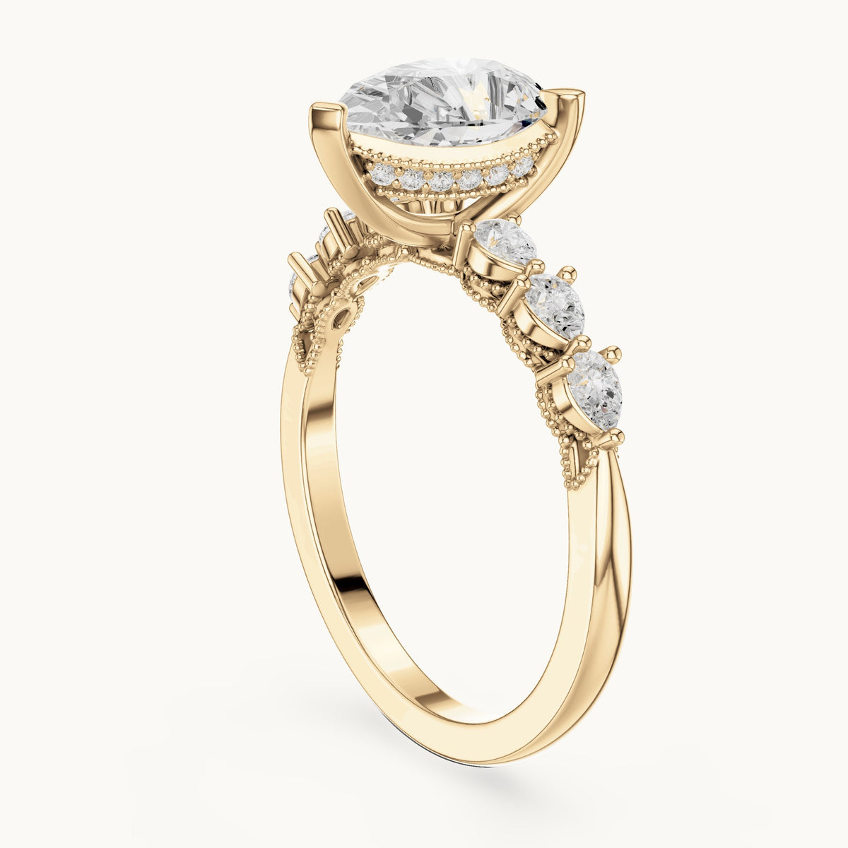 Pear and round lab-grown diamond engagement ring with side stones in yellow gold, 1.93 CT TW, view 1