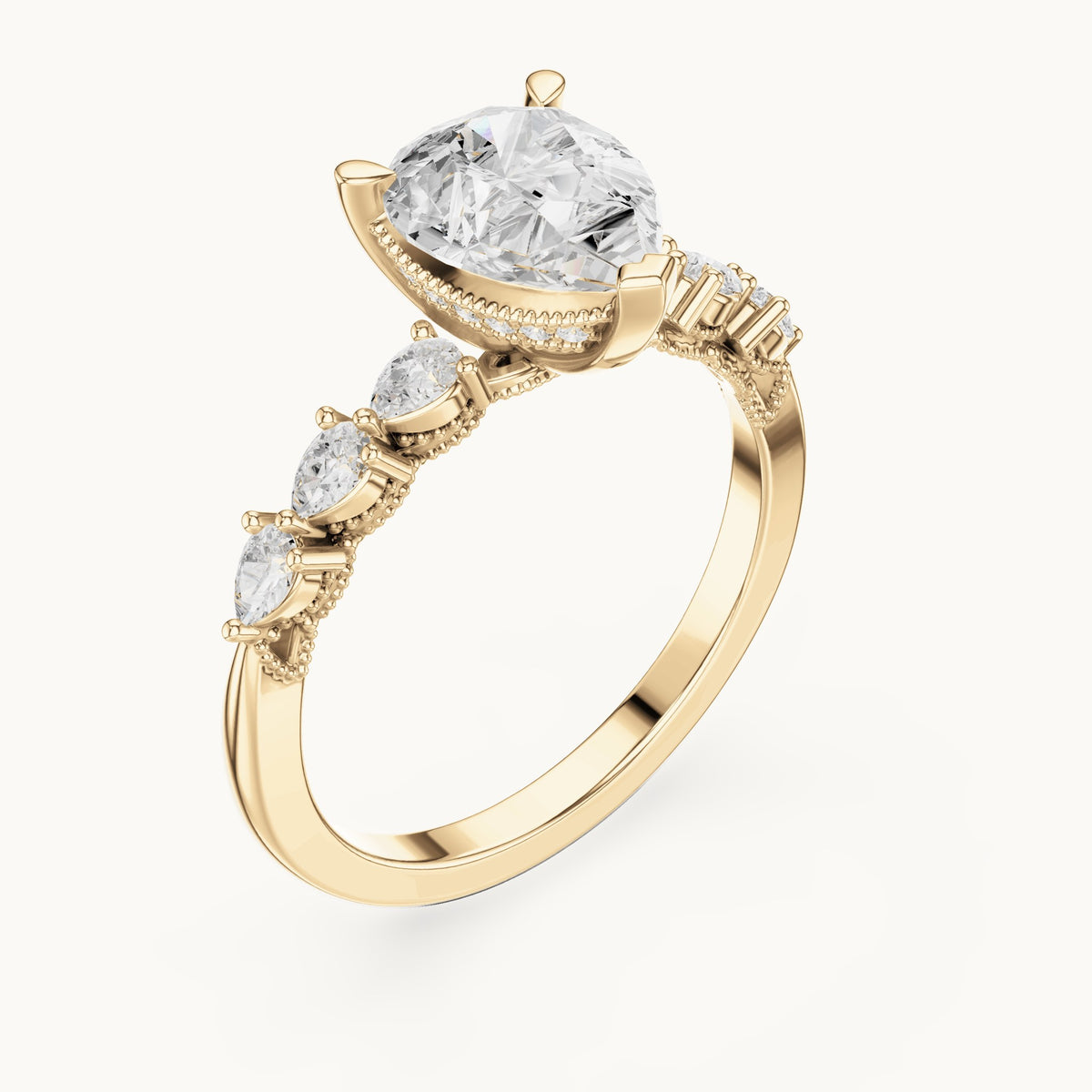 Pear and round lab-grown diamond engagement ring with side stones in yellow gold, 1.93 CT TW, view 2