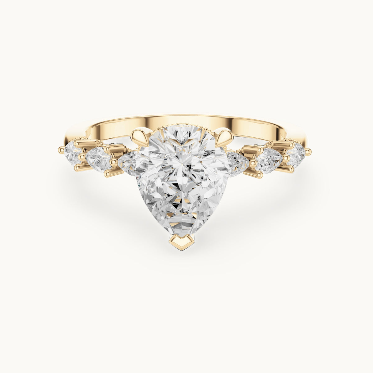 Pear and round lab-grown diamond engagement ring with side stones in yellow gold, 1.93 CT TW, view 4