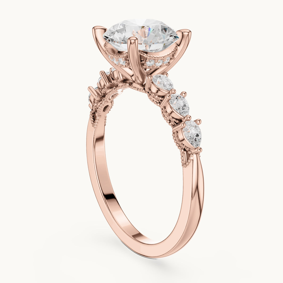 Round and pear lab-grown diamond engagement ring with pear side stones in rose gold, 2.318 CT TW, view 1