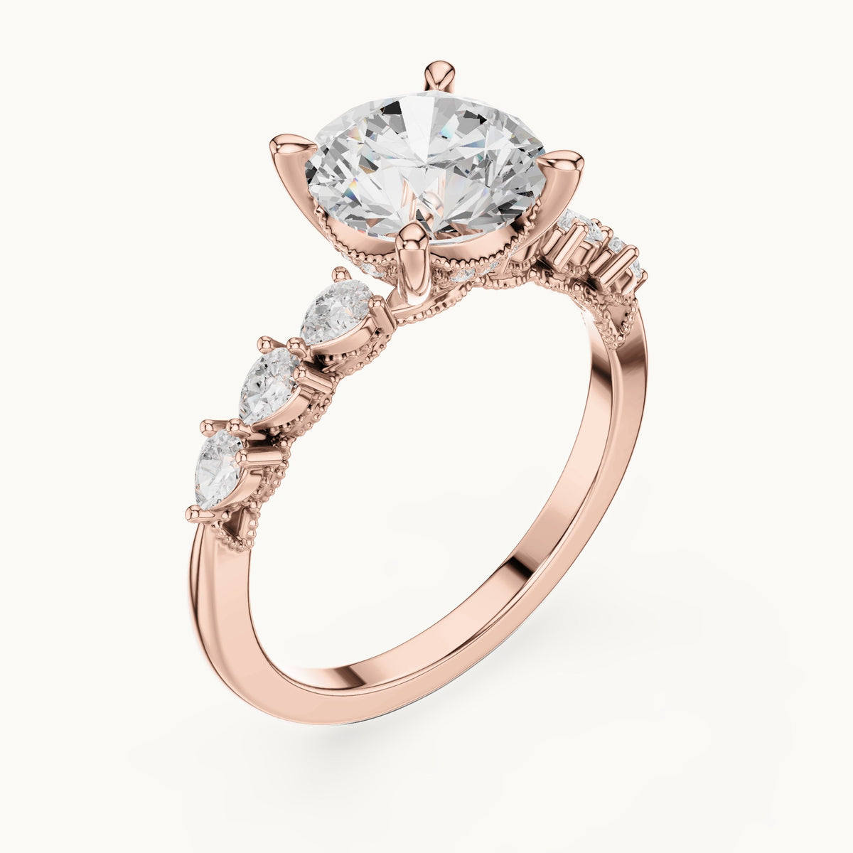 Round and pear lab-grown diamond engagement ring with pear side stones in rose gold, 2.318 CT TW, view 2