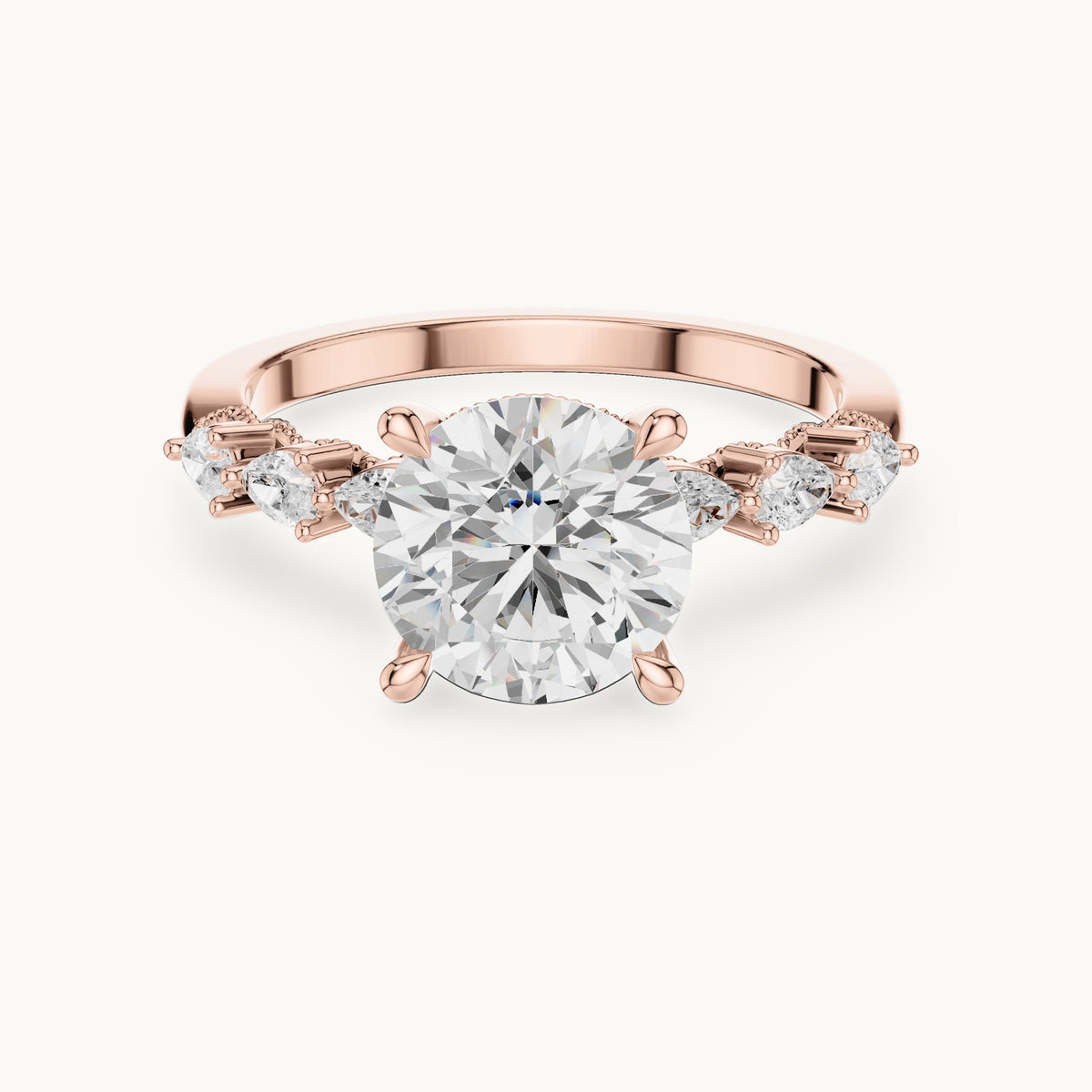 Round and pear lab-grown diamond engagement ring with pear side stones in rose gold, 2.318 CT TW, view 4