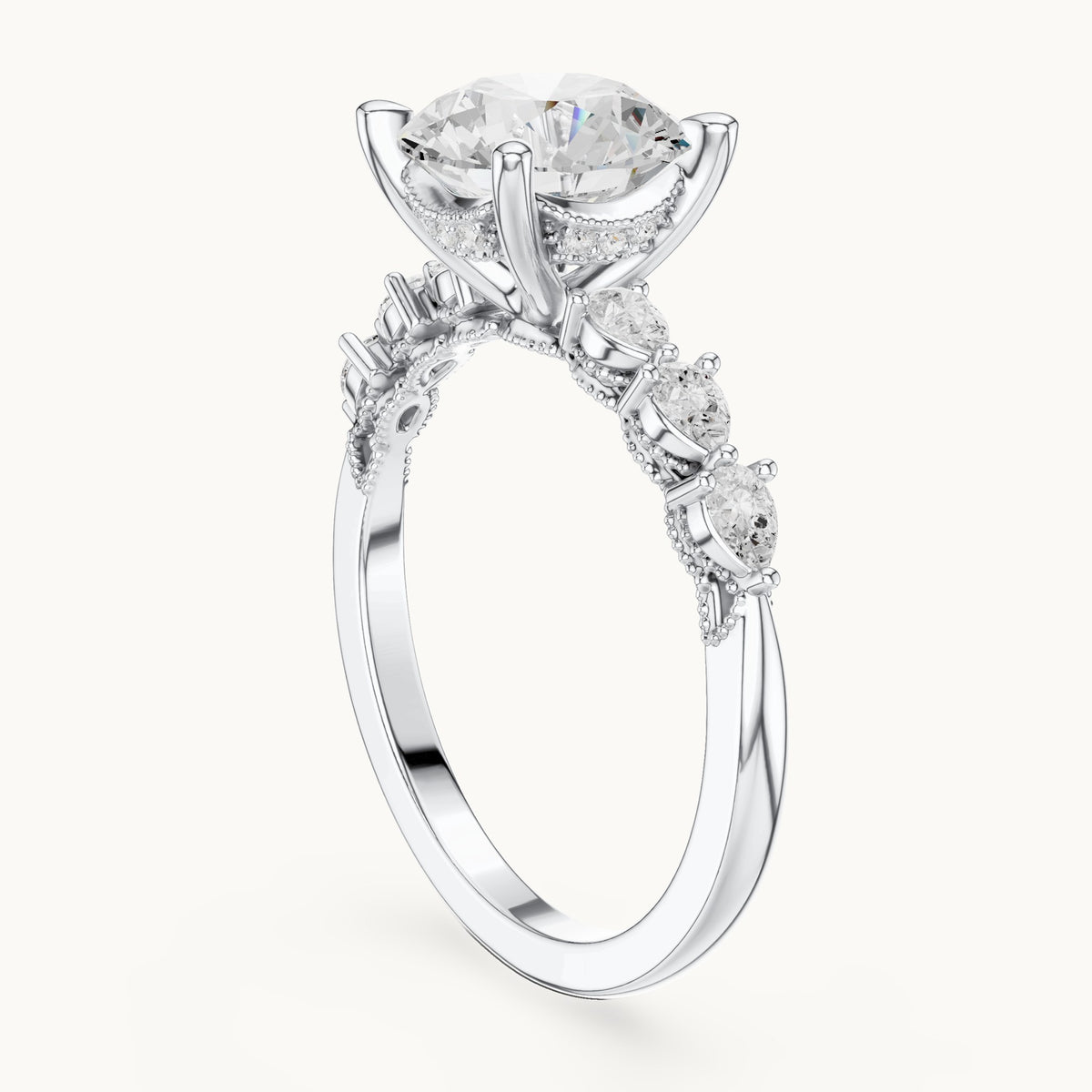 Round and pear lab-grown diamond engagement ring with pear side stones in white gold, 2.318 CT TW, view 1