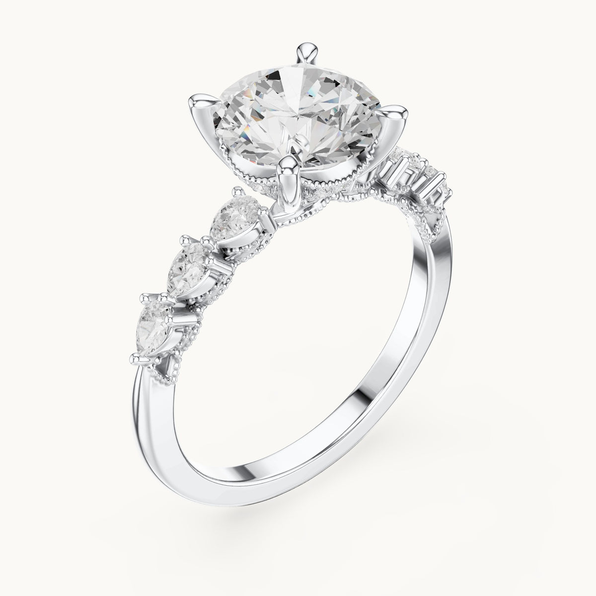 Round and pear lab-grown diamond engagement ring with pear side stones in white gold, 2.318 CT TW, view 2