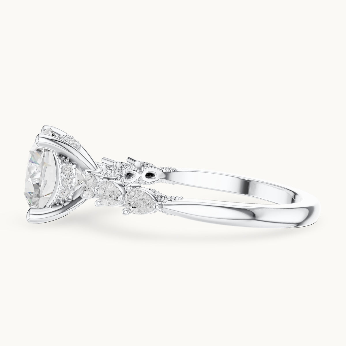 Round and pear lab-grown diamond engagement ring with pear side stones in white gold, 2.318 CT TW, view 3