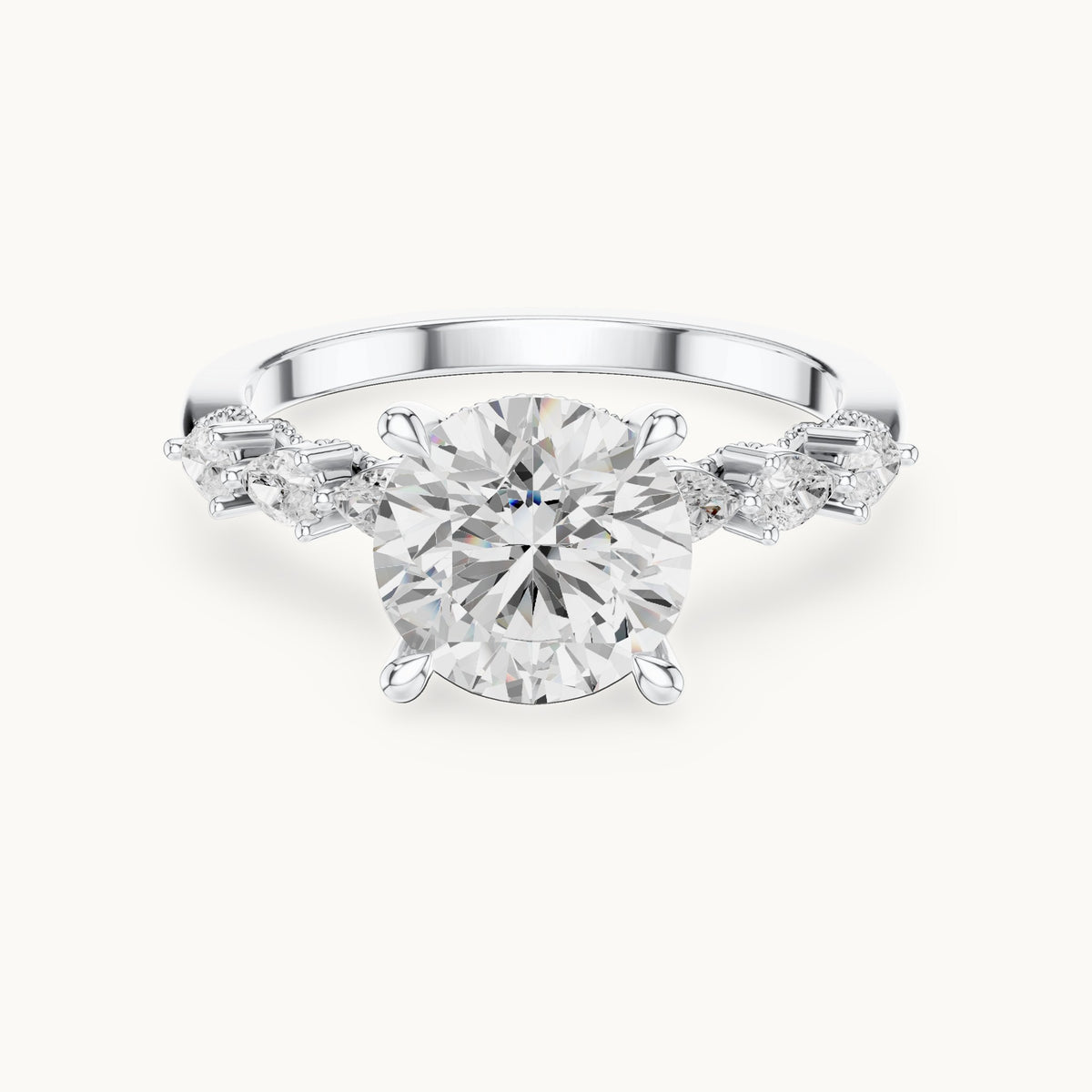 Round and pear lab-grown diamond engagement ring with pear side stones in white gold, 2.318 CT TW, view 4