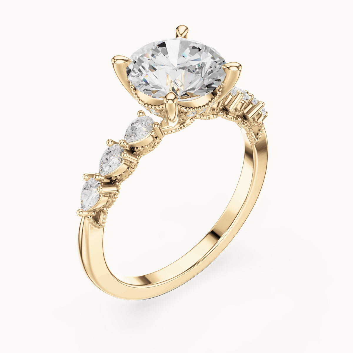 Round and pear lab-grown diamond engagement ring with pear side stones in yellow gold, 2.318 CT TW, view 2