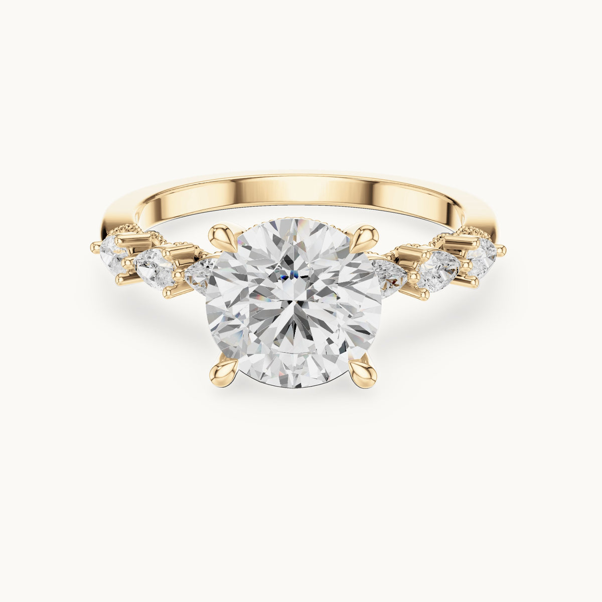 Round and pear lab-grown diamond engagement ring with pear side stones in yellow gold, 2.318 CT TW, view 4