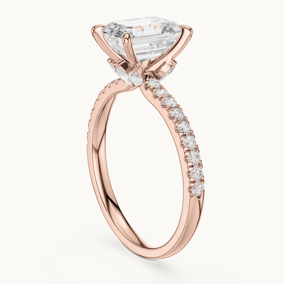 Emerald-cut, round and marquise lab-grown diamond pavé engagement ring with marquise accents in rose gold, 1.71 CT TW, view 1