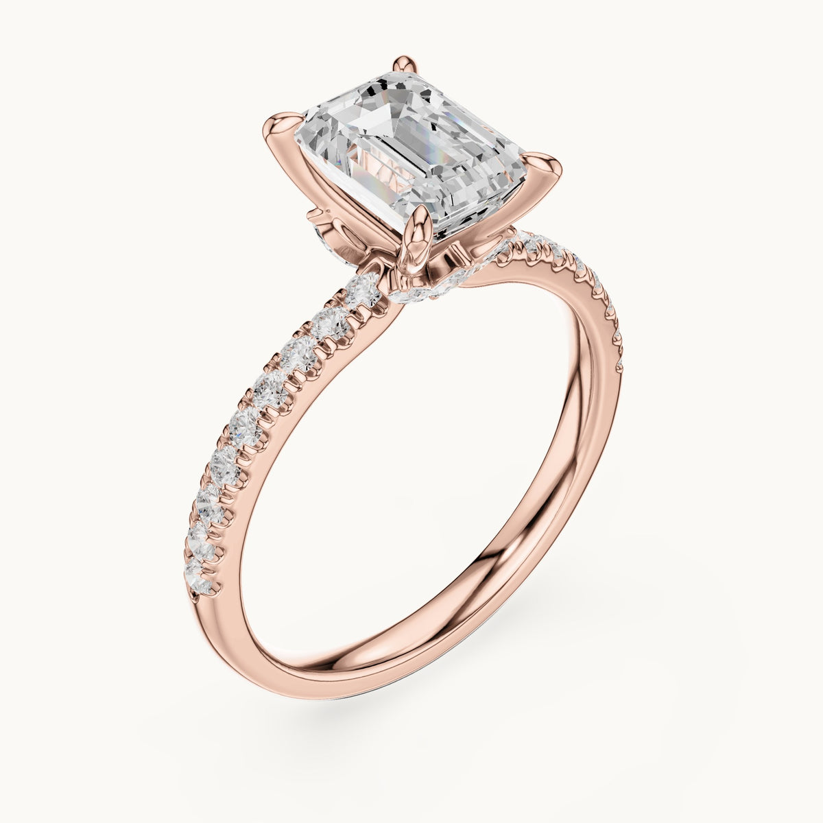 Emerald-cut, round and marquise lab-grown diamond pavé engagement ring with marquise accents in rose gold, 1.71 CT TW, view 2