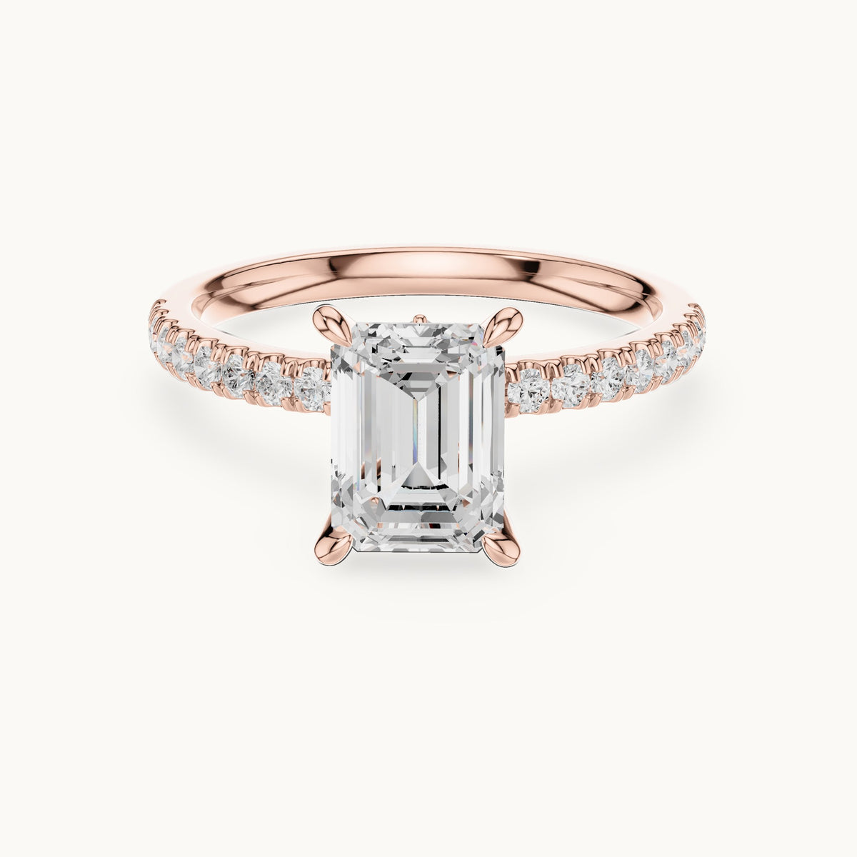 Emerald-cut, round and marquise lab-grown diamond pavé engagement ring with marquise accents in rose gold, 1.71 CT TW, view 4