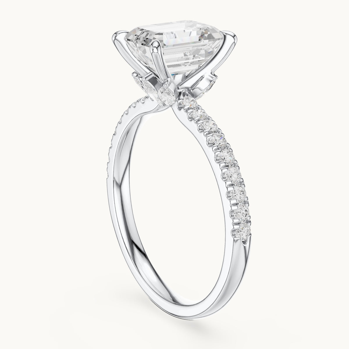Emerald-cut, round and marquise lab-grown diamond pavé engagement ring with marquise accents in white gold, 1.71 CT TW, view 1