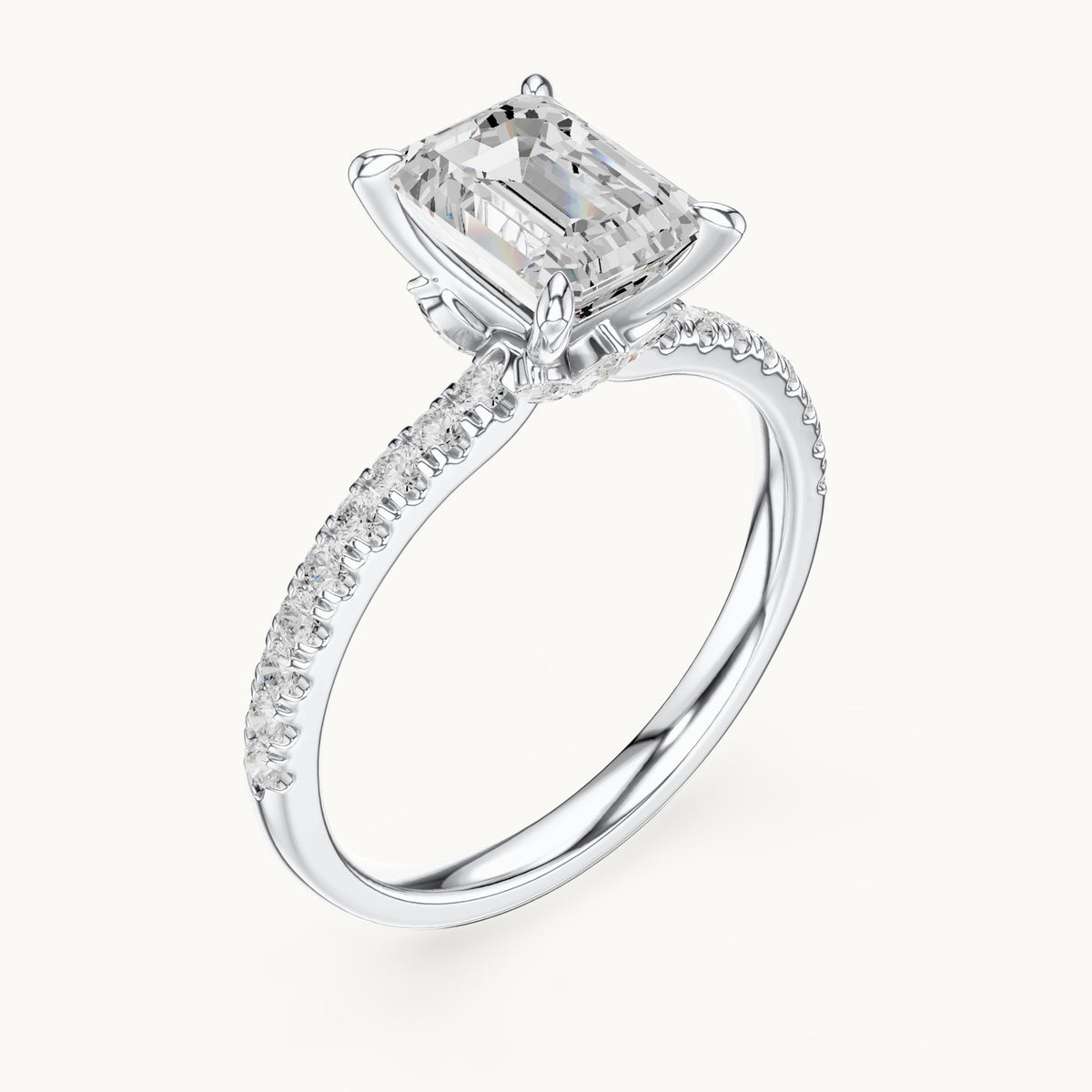 Emerald-cut, round and marquise lab-grown diamond pavé engagement ring with marquise accents in white gold, 1.71 CT TW, view 2