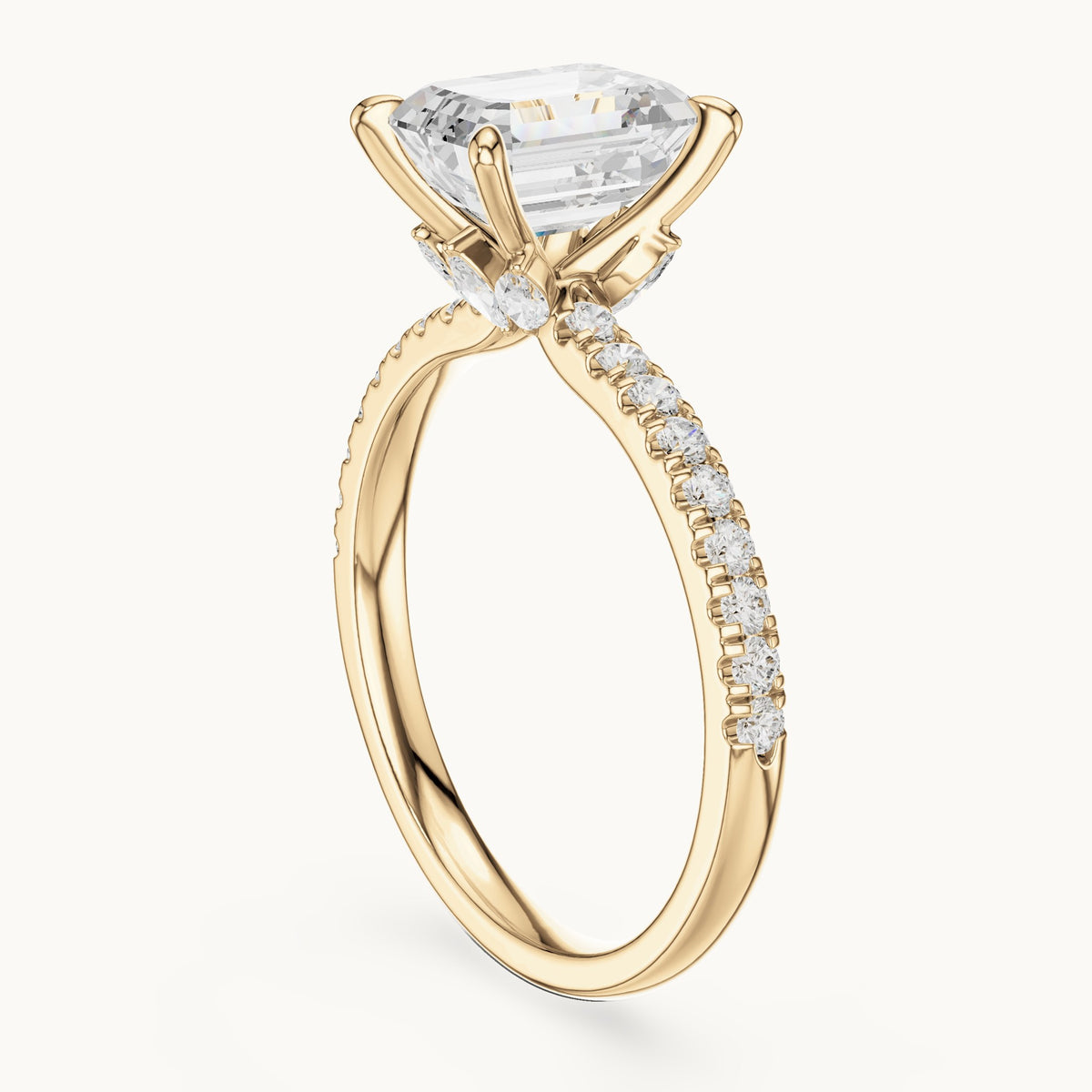 Emerald-cut, round and marquise lab-grown diamond pavé engagement ring with marquise accents in yellow gold, 1.71 CT TW, view 1