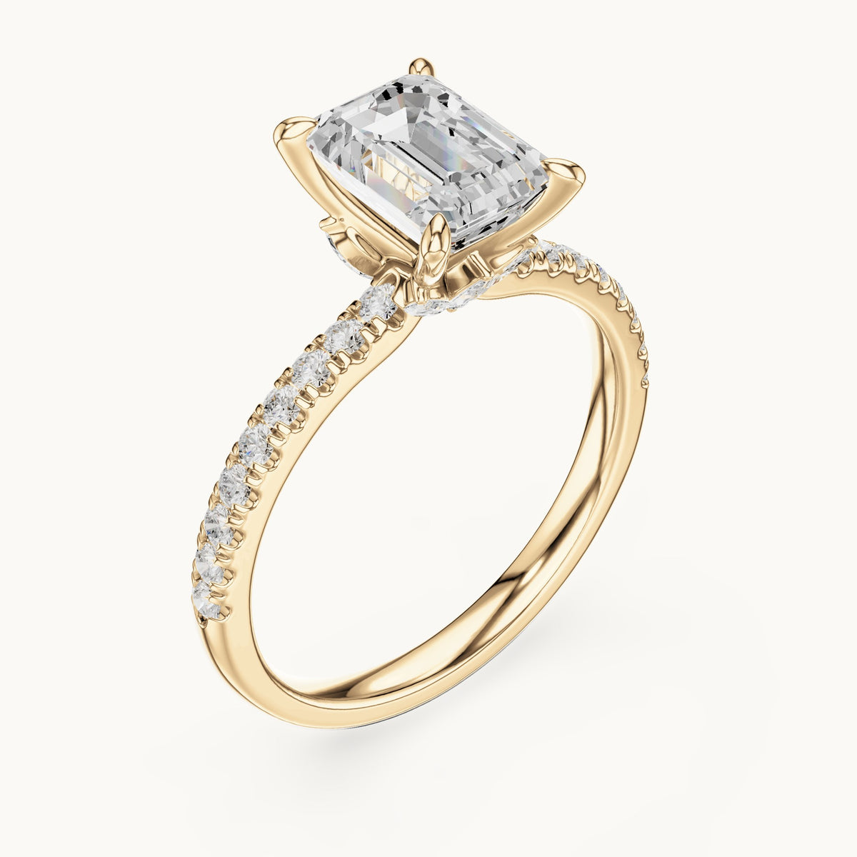 Emerald-cut, round and marquise lab-grown diamond pavé engagement ring with marquise accents in yellow gold, 1.71 CT TW, view 2