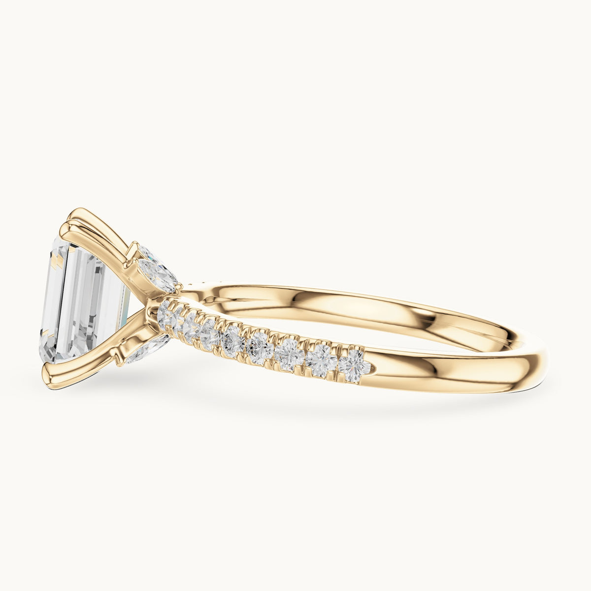 Emerald-cut, round and marquise lab-grown diamond pavé engagement ring with marquise accents in yellow gold, 1.71 CT TW, view 3