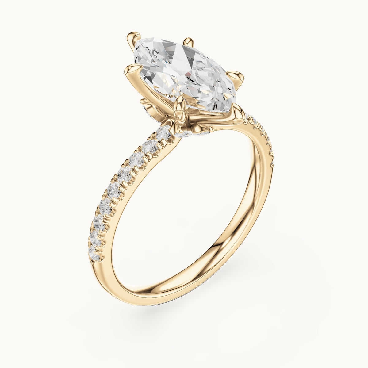 Marquise and round lab-grown diamond pavé engagement ring with marquise accents in yellow gold, 2.08 CT TW, view 2