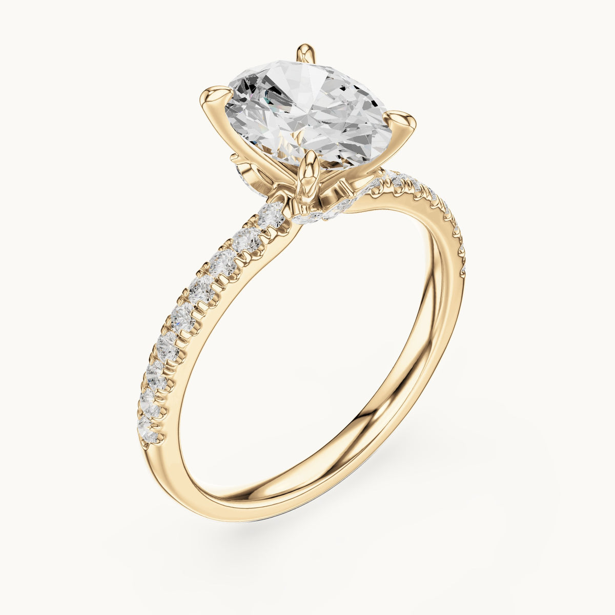 Oval, round and marquise lab-grown diamond pavé engagement ring with marquise accents in yellow gold, 1.76 CT TW, view 2