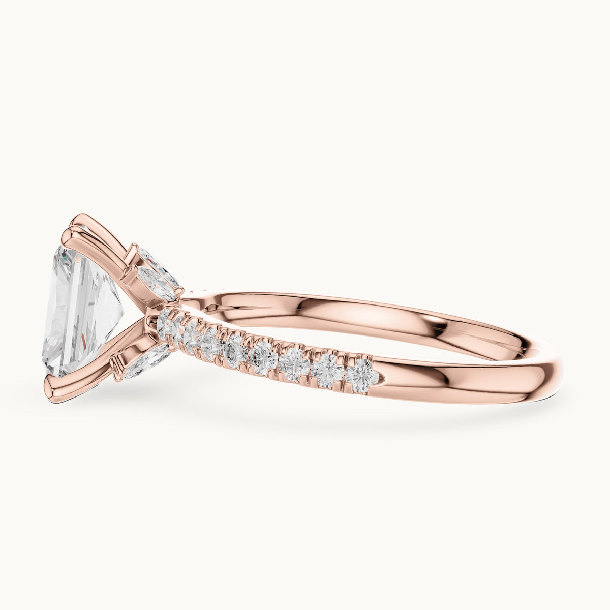 Radiant-cut, round and marquise lab-grown diamond pavé engagement ring with marquise accents in rose gold, 1.96 CT TW, view 3