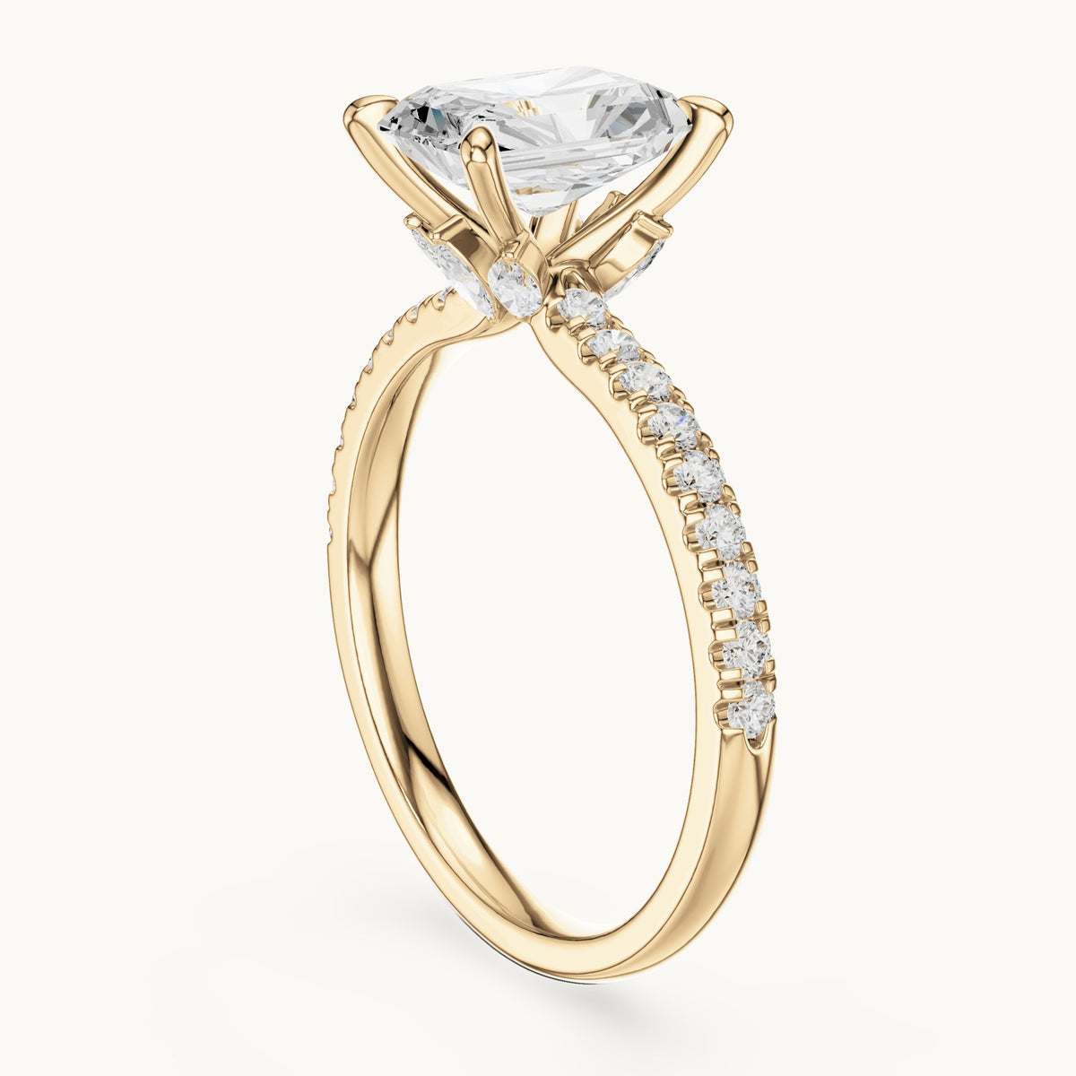 Radiant-cut, round and marquise lab-grown diamond pavé engagement ring with marquise accents in yellow gold, 1.96 CT TW, view 1
