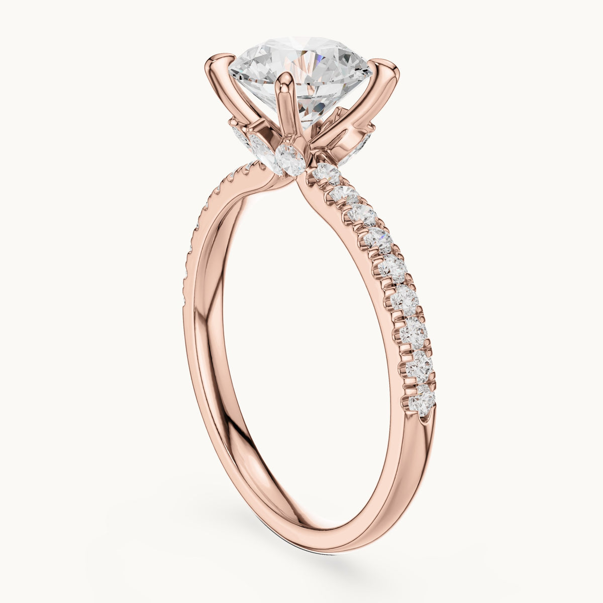 Round and marquise lab-grown diamond pavé engagement ring with marquise accents in rose gold, 1.73 CT TW, view 1