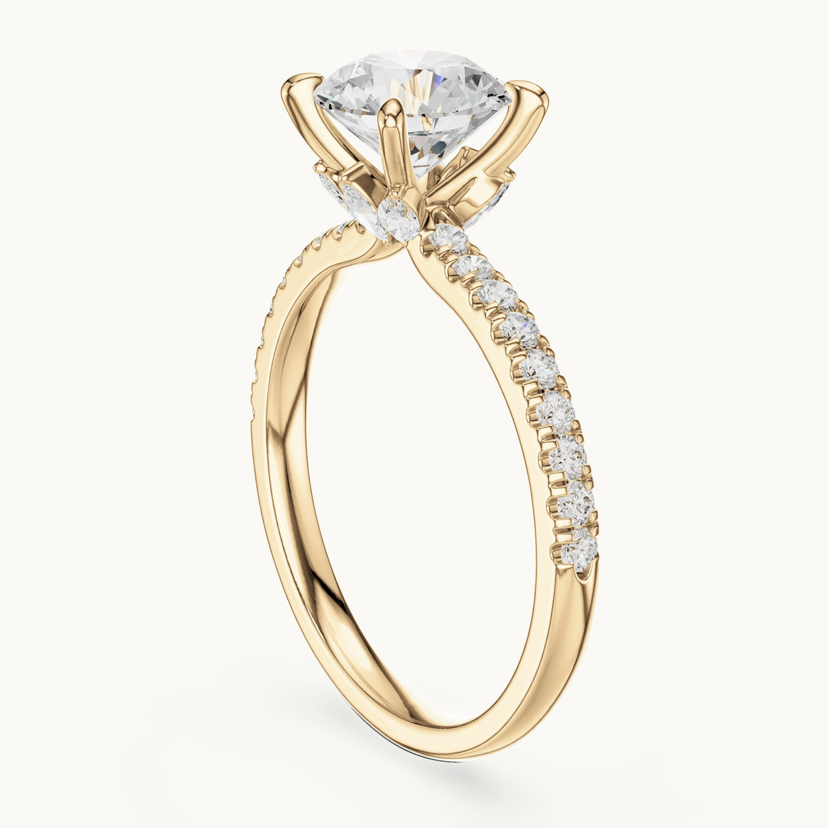 Round and marquise lab-grown diamond pavé engagement ring with marquise accents in yellow gold, 1.73 CT TW, view 1