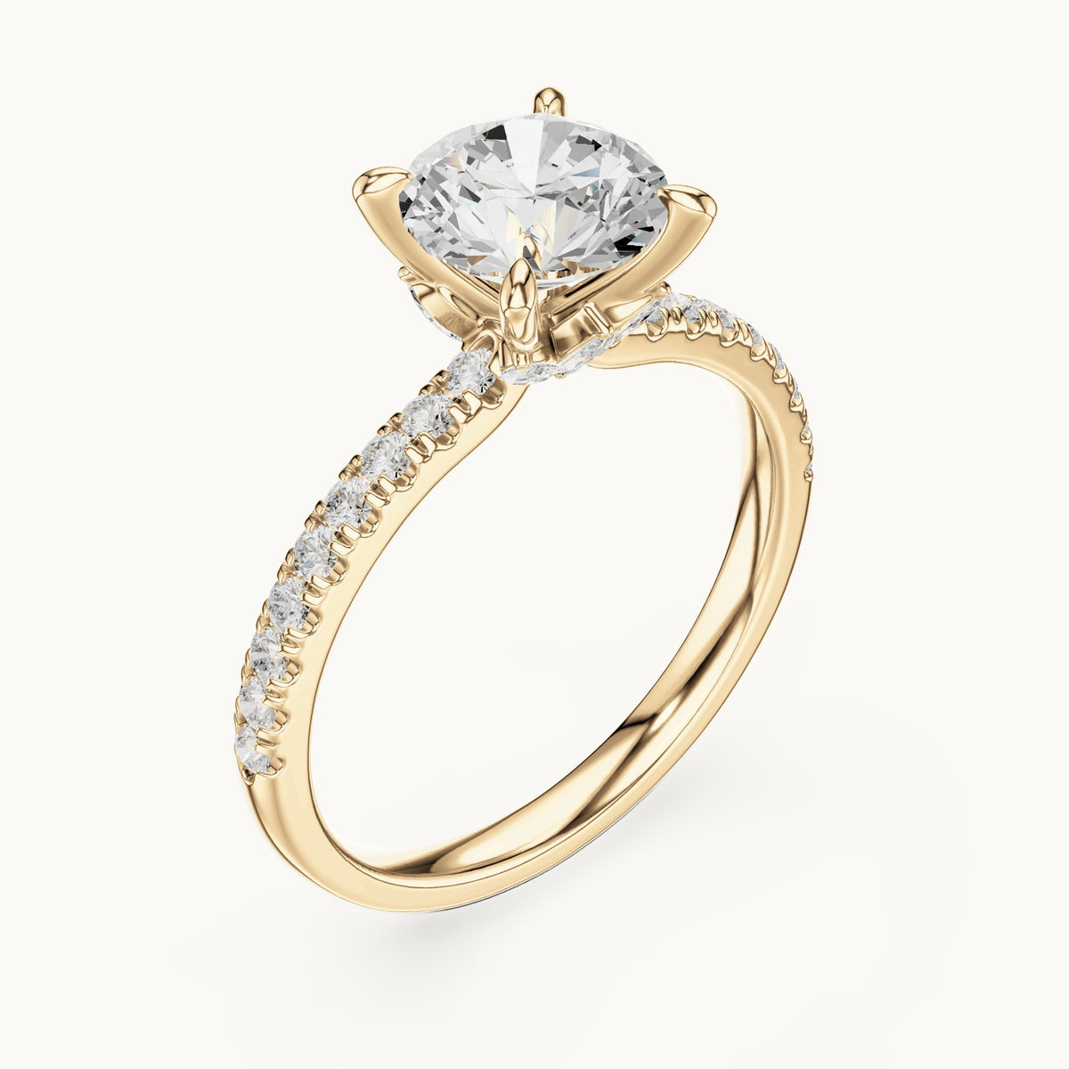 Round and marquise lab-grown diamond pavé engagement ring with marquise accents in yellow gold, 1.73 CT TW, view 2