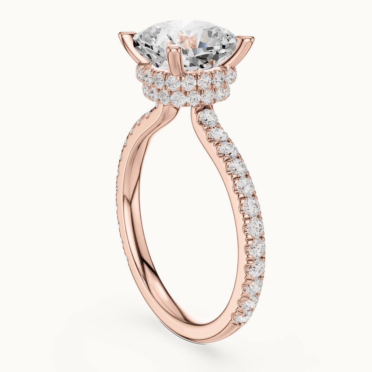 Cushion-cut and round lab-grown diamond double hidden halo pavé engagement ring in rose gold, 3.576 CT TW, view 1