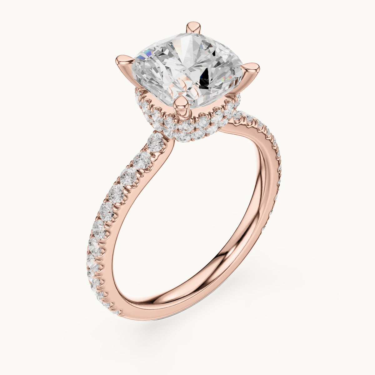 Cushion-cut and round lab-grown diamond double hidden halo pavé engagement ring in rose gold, 3.576 CT TW, view 2
