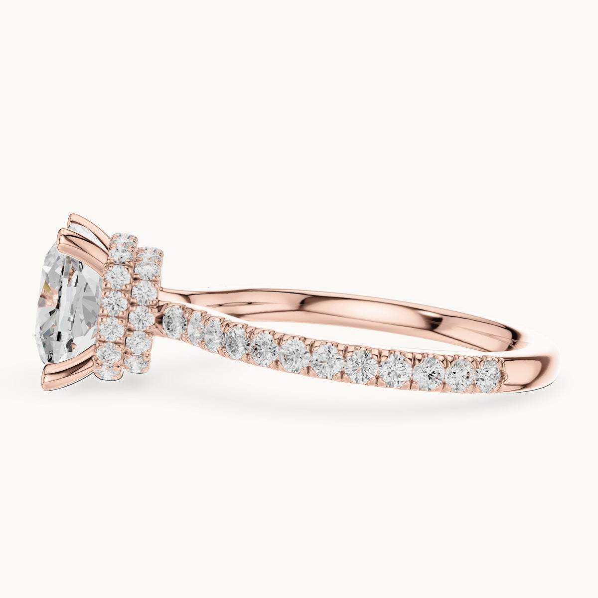 Cushion-cut and round lab-grown diamond double hidden halo pavé engagement ring in rose gold, 3.576 CT TW, view 3