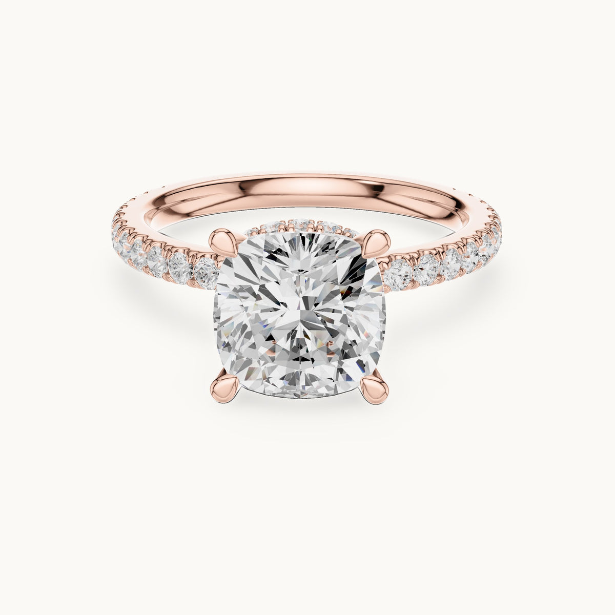 Cushion-cut and round lab-grown diamond double hidden halo pavé engagement ring in rose gold, 3.576 CT TW, view 4