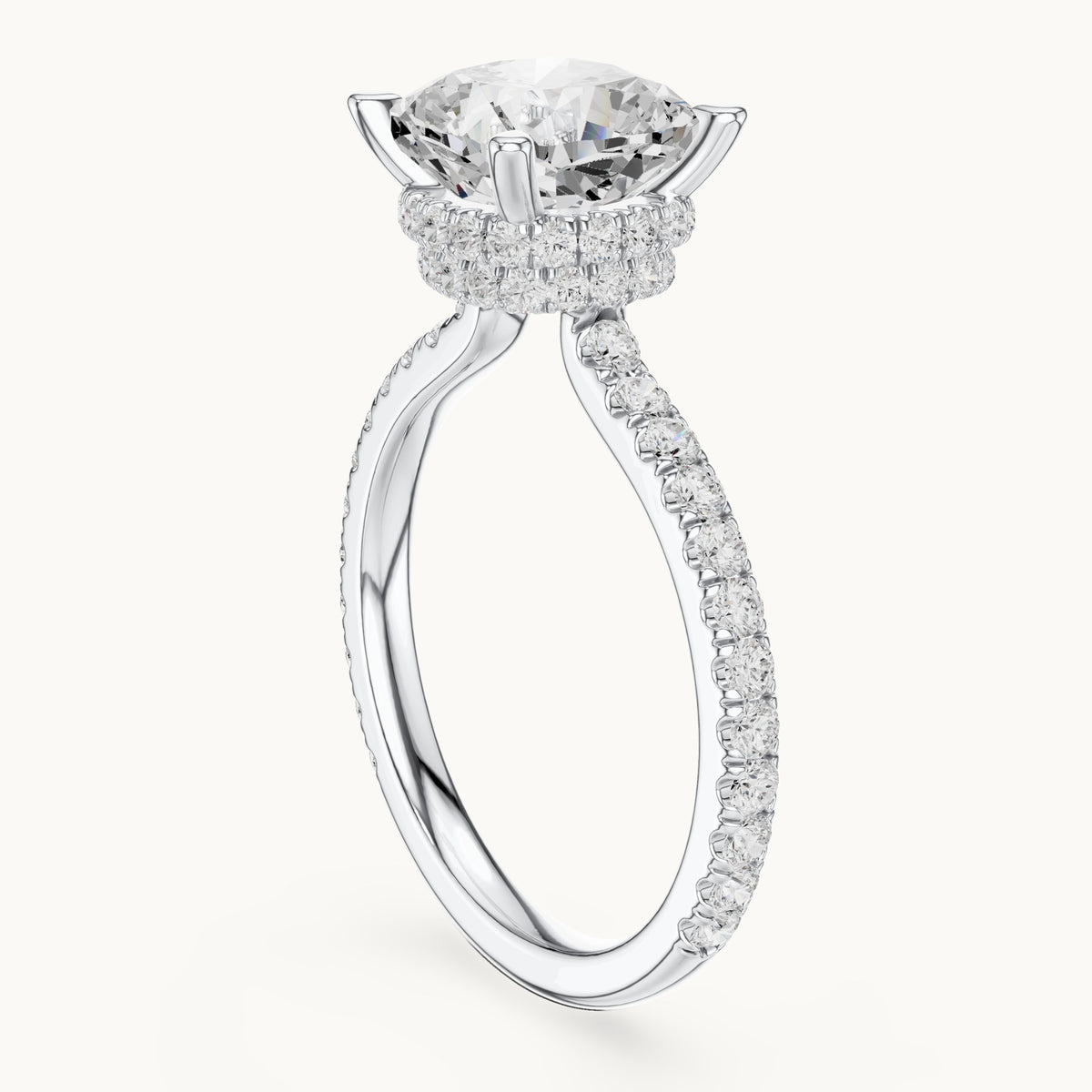 Cushion-cut and round lab-grown diamond double hidden halo pavé engagement ring in white gold, 3.576 CT TW, view 1