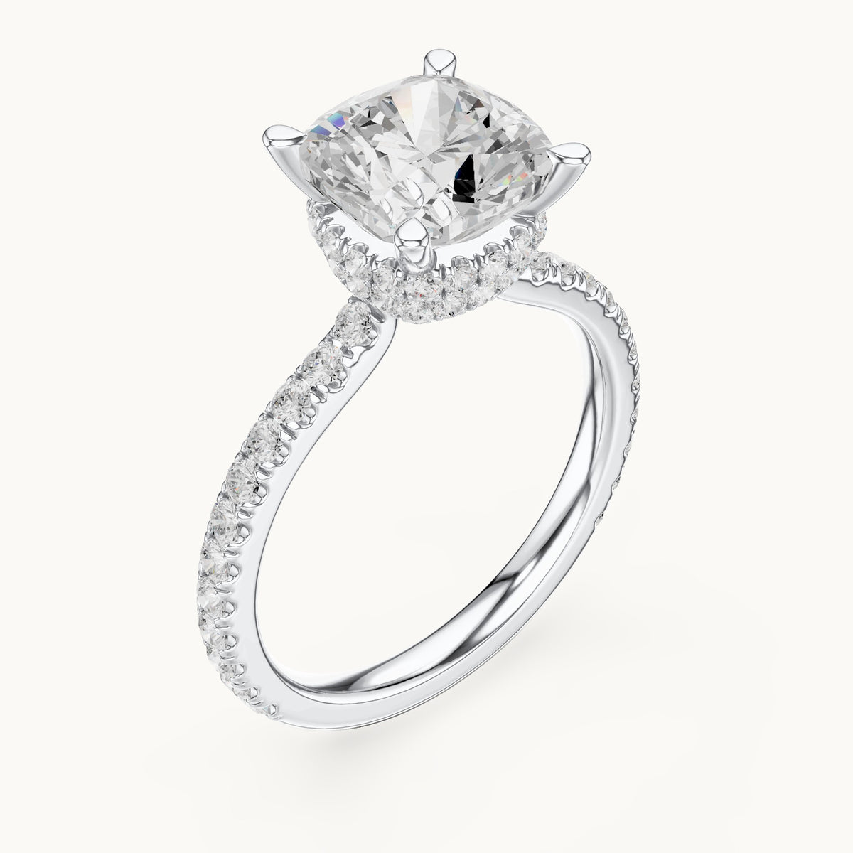 Cushion-cut and round lab-grown diamond double hidden halo pavé engagement ring in white gold, 3.576 CT TW, view 2