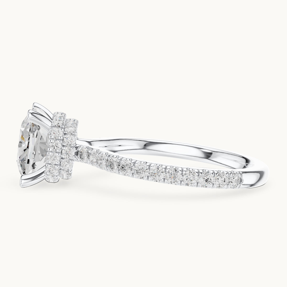 Cushion-cut and round lab-grown diamond double hidden halo pavé engagement ring in white gold, 3.576 CT TW, view 3